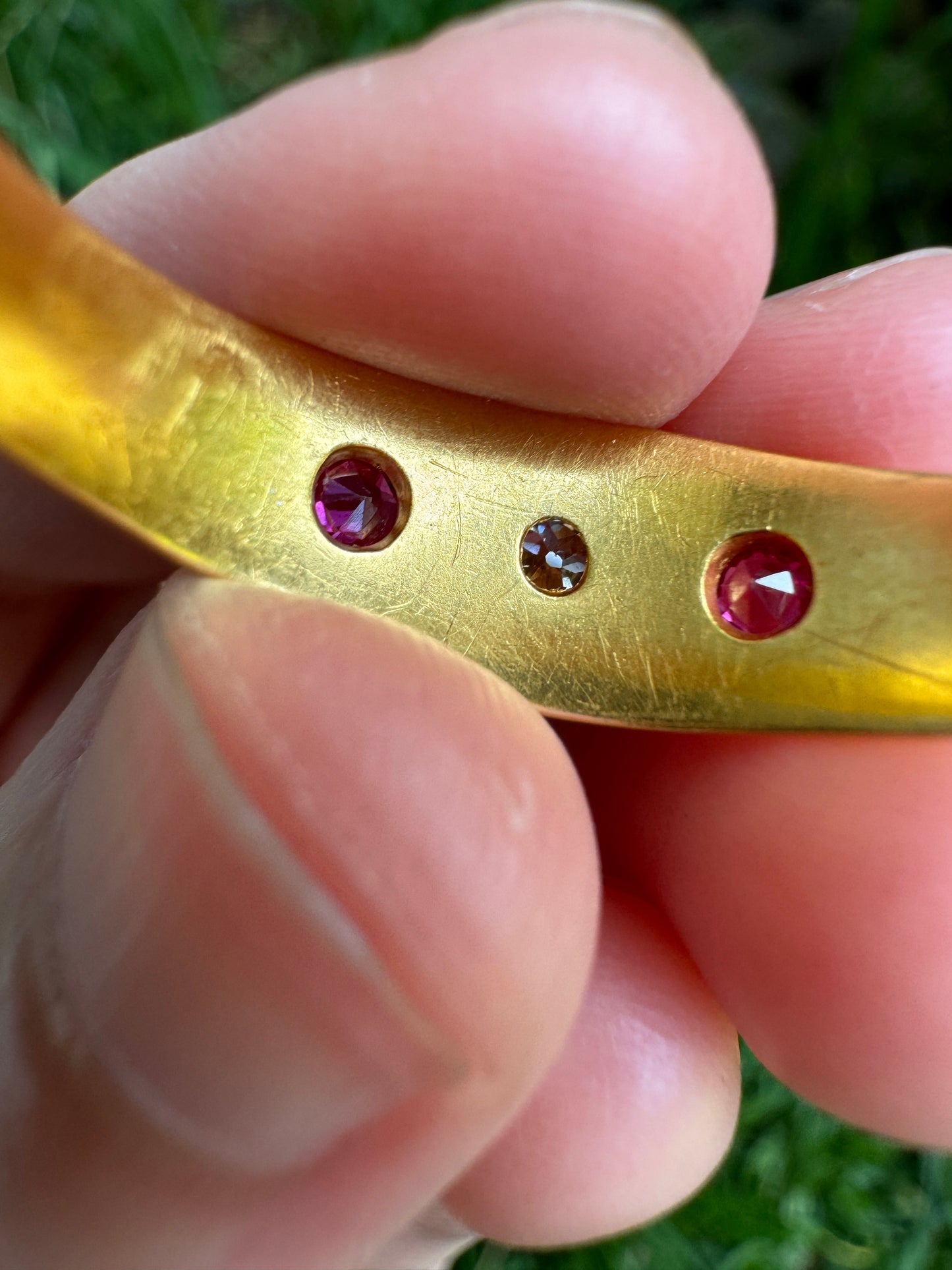 Antique Edwardian 18ct yellow gold starset 0.25ct TCW pink sapphire and 0.13ct old mine cut diamond gypsy ring
