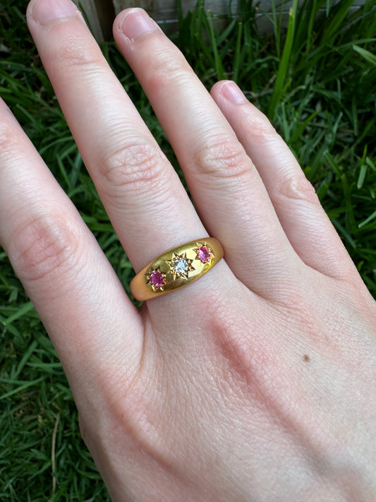Antique Edwardian 18ct yellow gold starset 0.25ct TCW pink sapphire and 0.13ct old mine cut diamond gypsy ring
