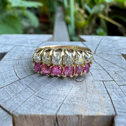 Antique 15ct yellow gold double row 0.44ct TCW ruby and 0.52ct TCW old mine cut diamond ring