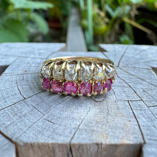 Antique 15ct yellow gold double row 0.44ct TCW ruby and 0.52ct TCW old mine cut diamond ring