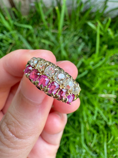 Antique 15ct yellow gold double row 0.44ct TCW ruby and 0.52ct TCW old mine cut diamond ring