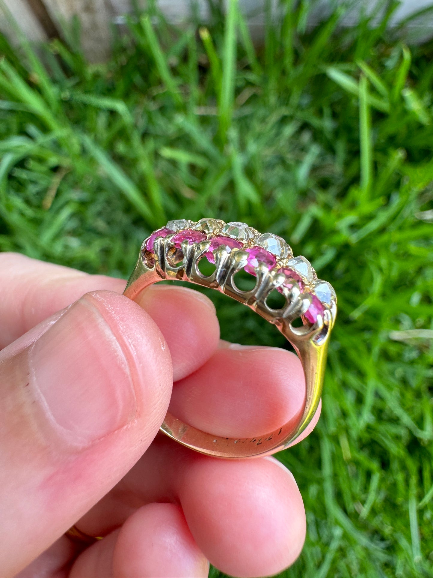 Antique 15ct yellow gold double row 0.44ct TCW ruby and 0.52ct TCW old mine cut diamond ring