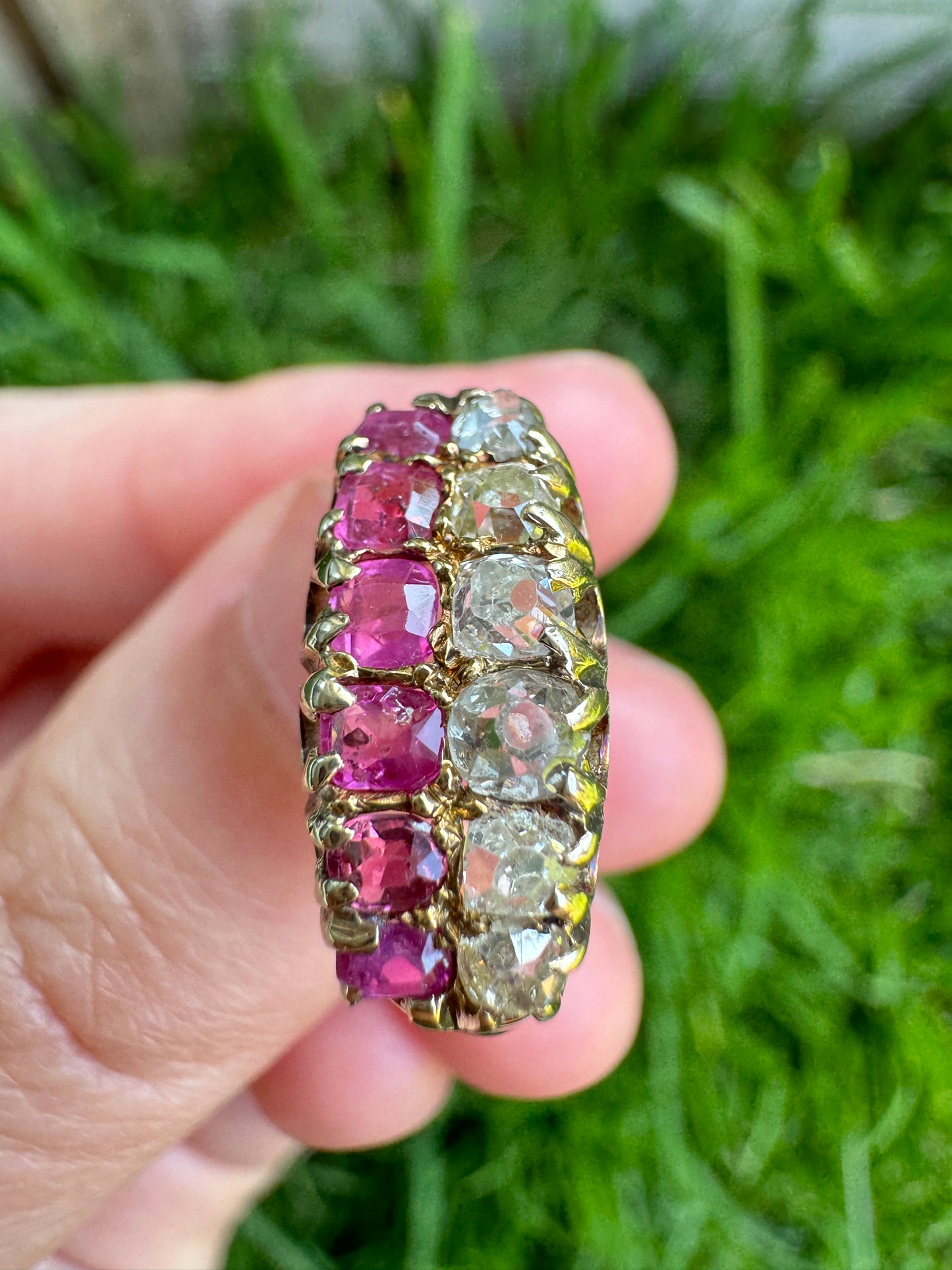 Antique 15ct yellow gold double row 0.44ct TCW ruby and 0.52ct TCW old mine cut diamond ring