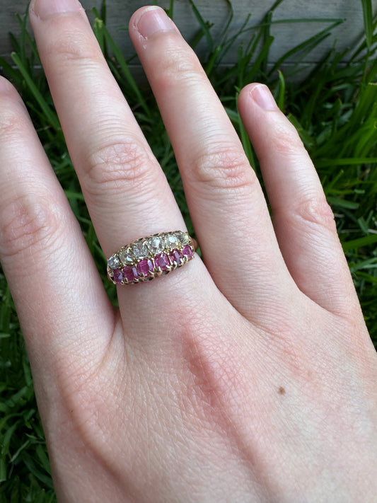Antique 15ct yellow gold double row 0.44ct TCW ruby and 0.52ct TCW old mine cut diamond ring