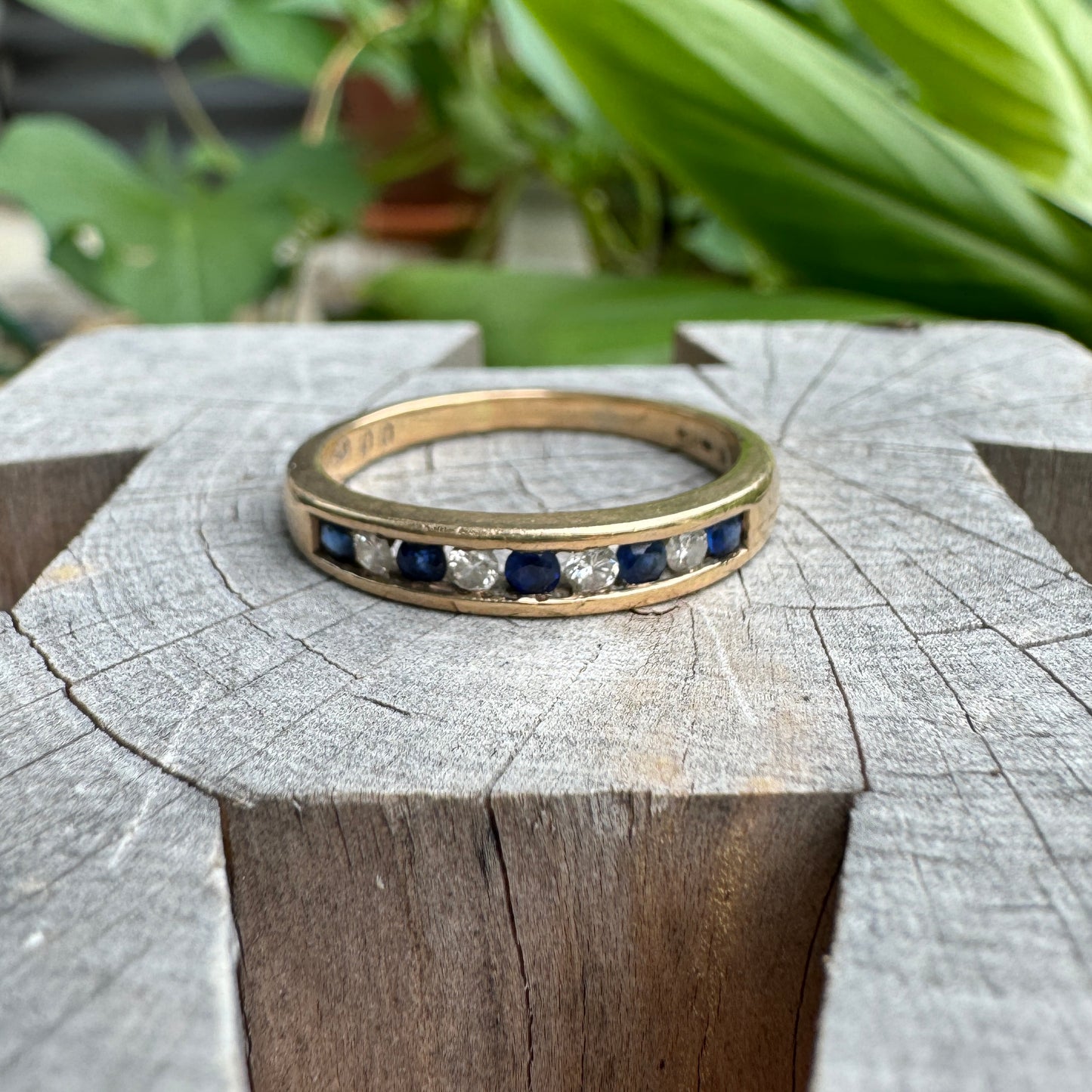 Vintage 9ct yellow gold blue spinel and diamond half hoop ring