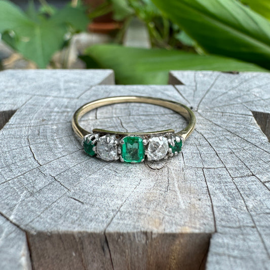 Vintage 9ct yellow gold emerald and diamond ring