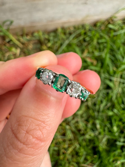 Vintage 9ct yellow gold emerald and diamond ring