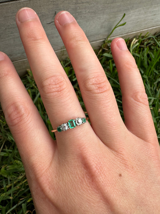 Vintage 9ct yellow gold emerald and diamond ring
