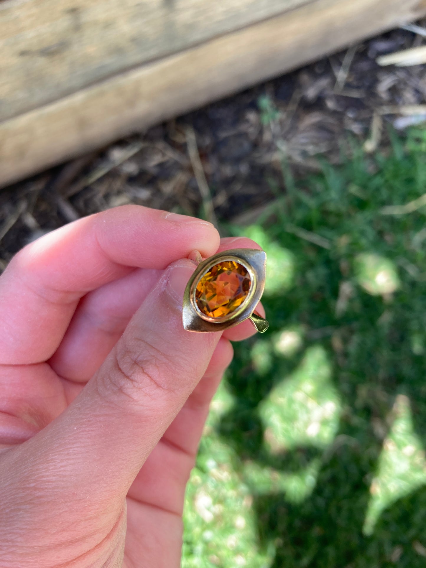Vintage 9ct yellow gold marquise plaque faceted citrine ring
