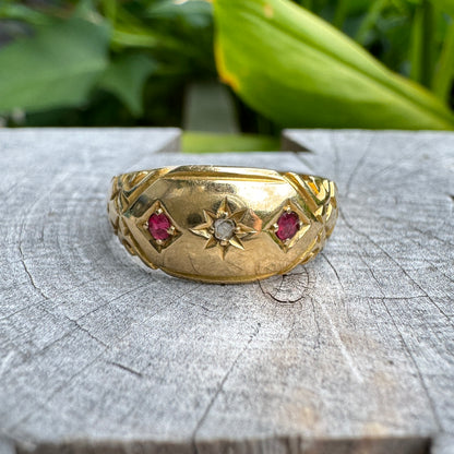 Antique Edwardian 18ct yellow gold garnet and rose cut diamond gypsy ring