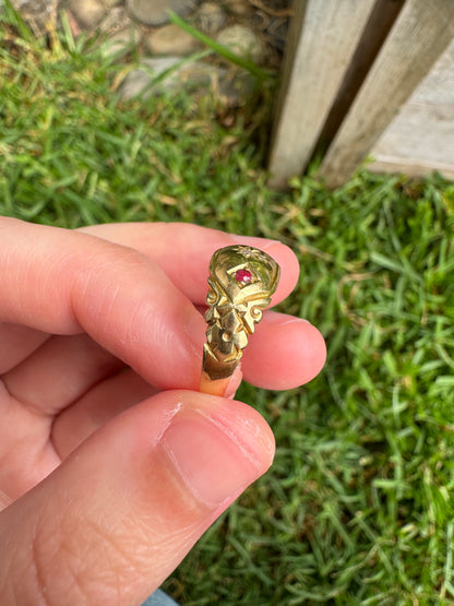 Antique Edwardian 18ct yellow gold garnet and rose cut diamond gypsy ring