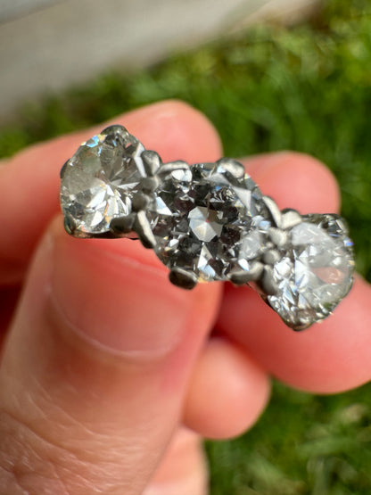 Vintage platinum three stone 1.15ct TCW old European cut diamond ring