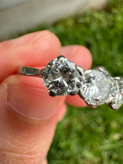 Vintage platinum three stone 1.15ct TCW old European cut diamond ring