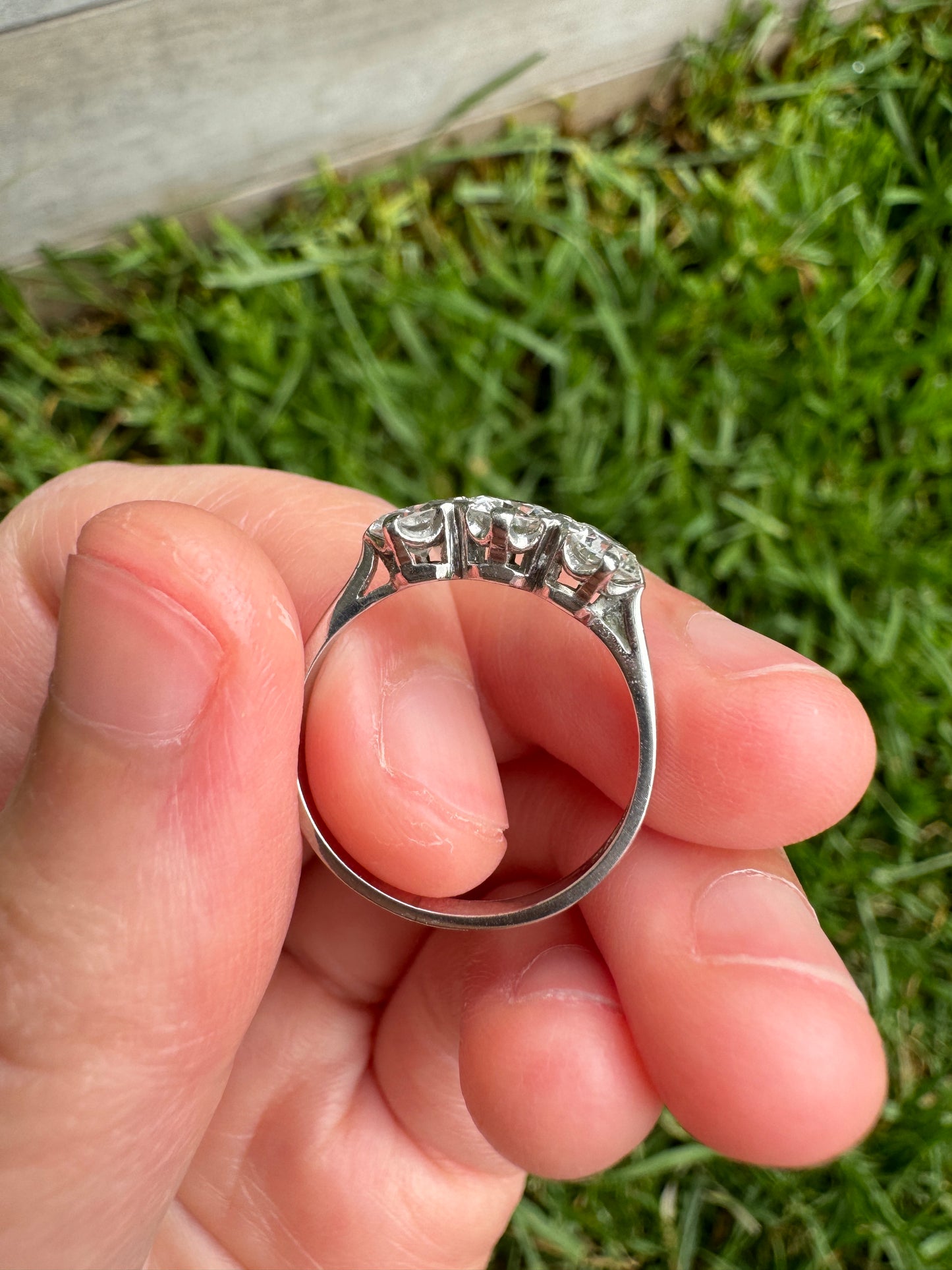 Vintage platinum three stone 1.15ct TCW old European cut diamond ring