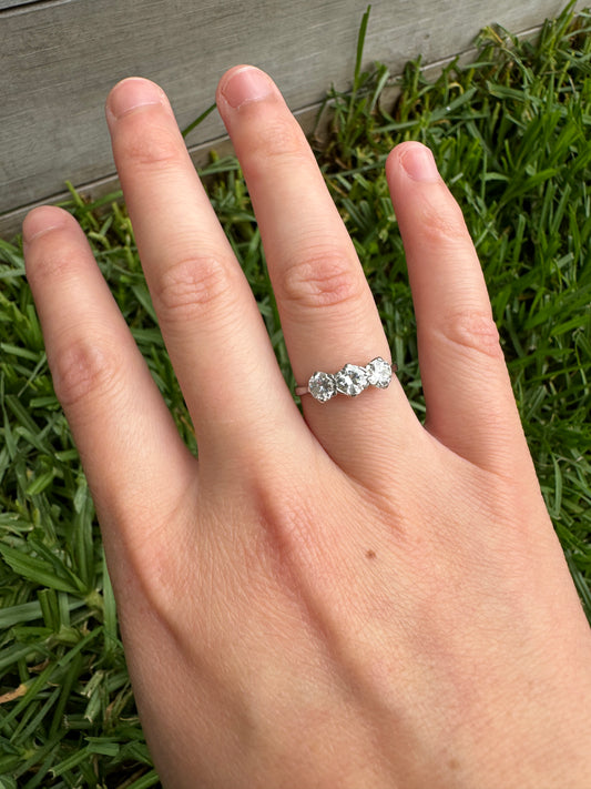 Vintage platinum three stone 1.15ct TCW old European cut diamond ring