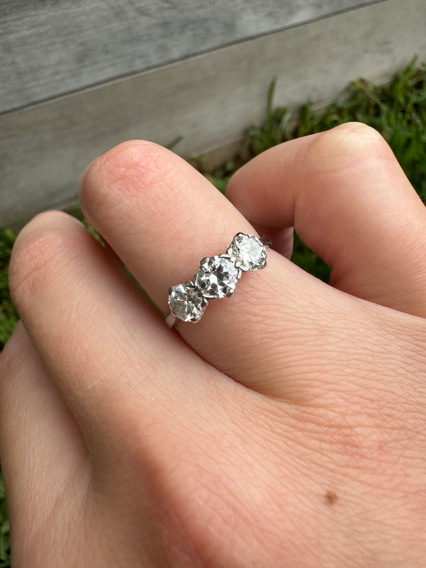 Vintage platinum three stone 1.15ct TCW old European cut diamond ring