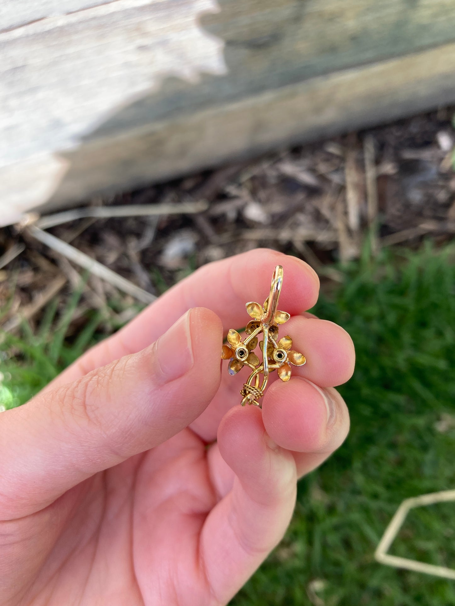 Vintage 9ct yellow gold enamel and old cut diamond flower bouquet pendant