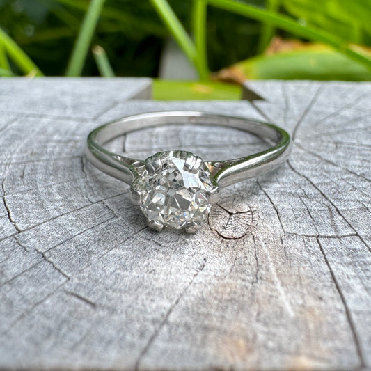 Vintage platinum 0.90ct old mine cut diamond solitaire ring