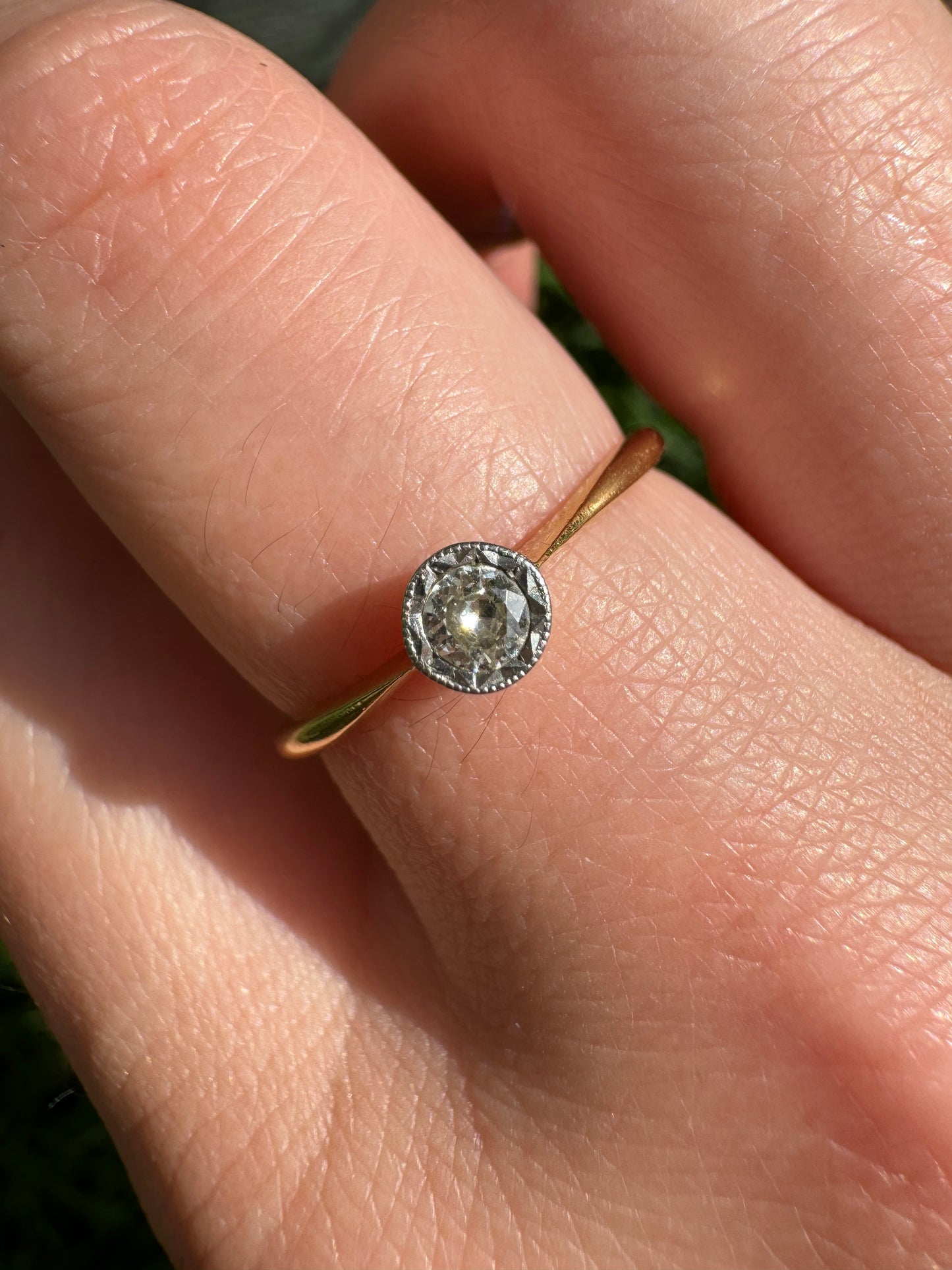 Vintage 18ct yellow gold and platinum 0.13ct old cut diamond solitaire ring