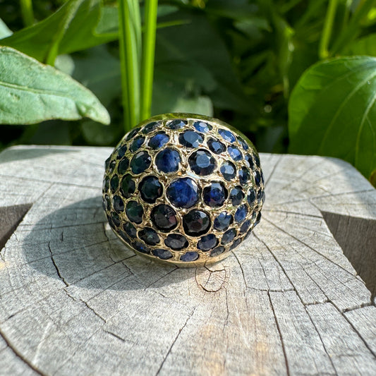 Vintage 14ct yellow gold natural sapphire bombe ring
