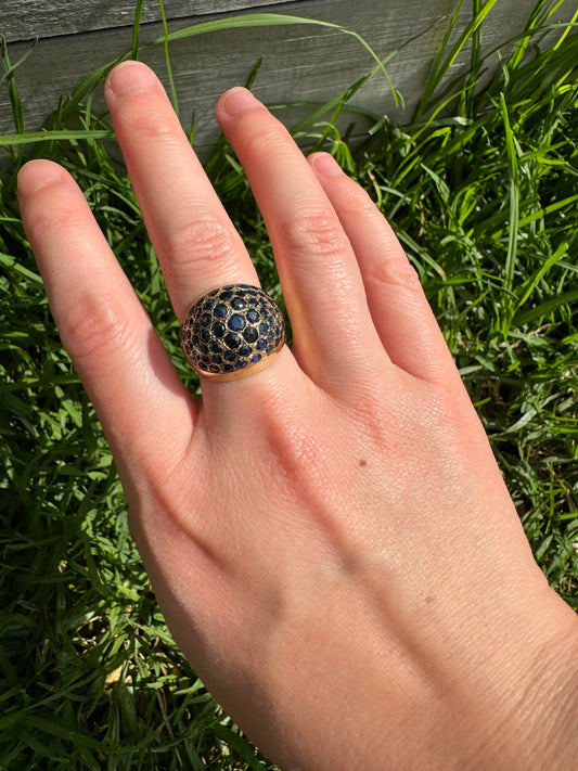 Vintage 14ct yellow gold natural sapphire bombe ring