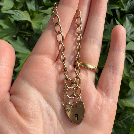 Vintage 9ct rosy yellow gold curb link bracelet with heart padlock clasp, 15cm / 5.9 inches long