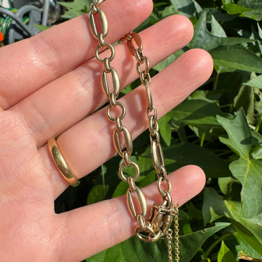 Vintage 9ct yellow gold fancy link bracelet with box and tongue fastener and safety chain, 17cm / 6.7 inches long