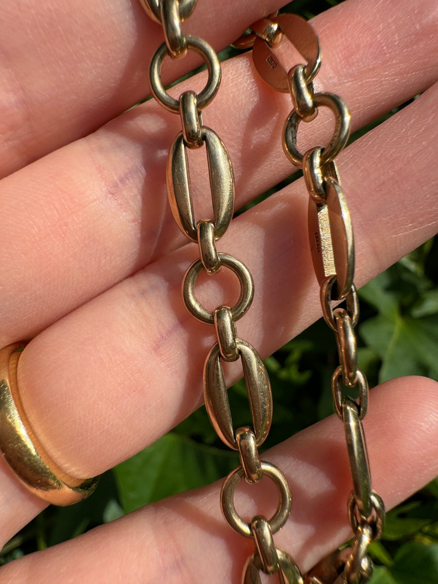 Vintage 9ct yellow gold fancy link bracelet with box and tongue fastener and safety chain, 17cm / 6.7 inches long