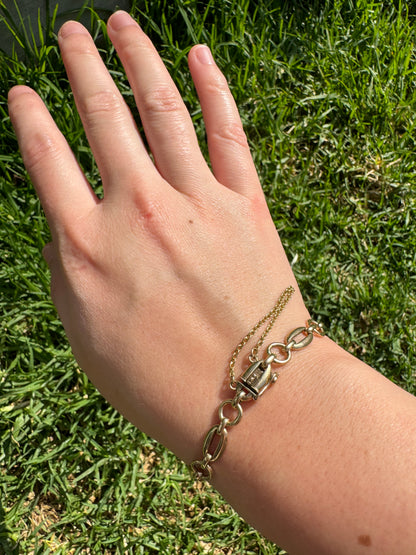 Vintage 9ct yellow gold fancy link bracelet with box and tongue fastener and safety chain, 17cm / 6.7 inches long