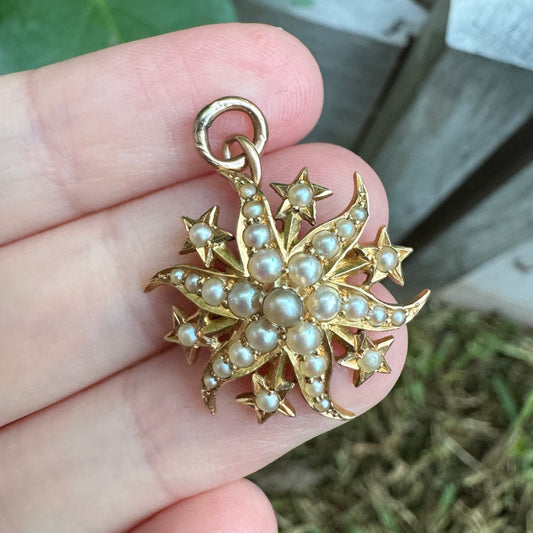 Antique 15ct yellow gold celestial pearl pendant/brooch