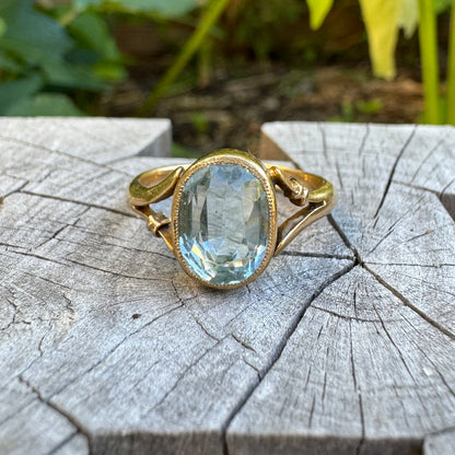Antique 18ct yellow gold faceted aquamarine ring