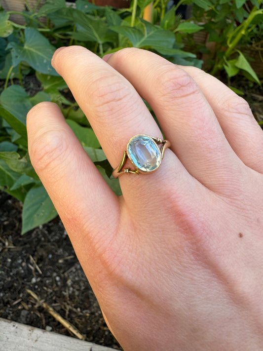 Antique 18ct yellow gold faceted aquamarine ring