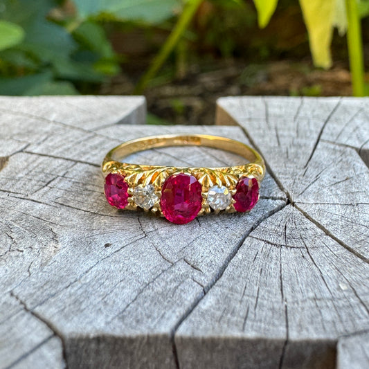 Vintage 18ct yellow gold ruby and old cut diamond ring