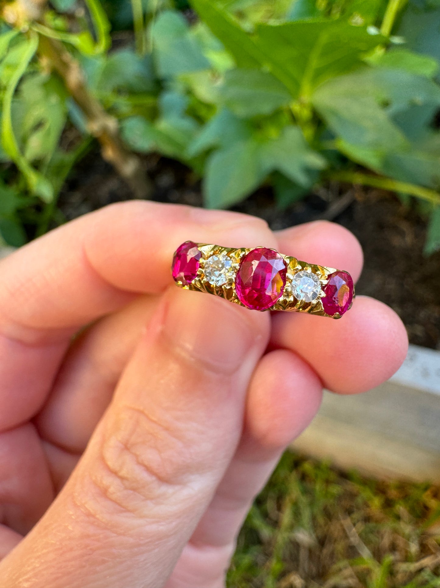Vintage 18ct yellow gold ruby and old cut diamond ring