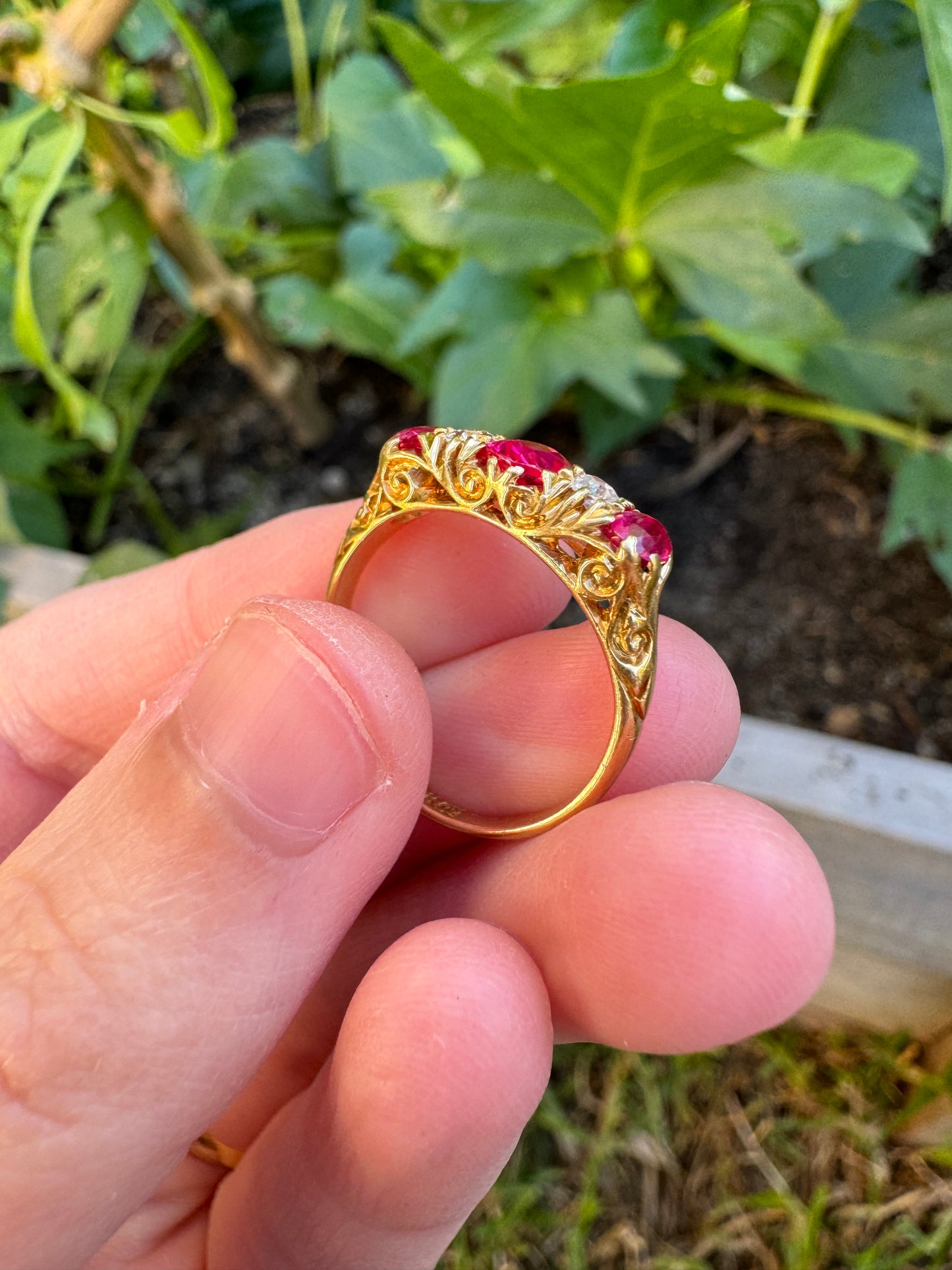 Vintage 18ct yellow gold ruby and old cut diamond ring