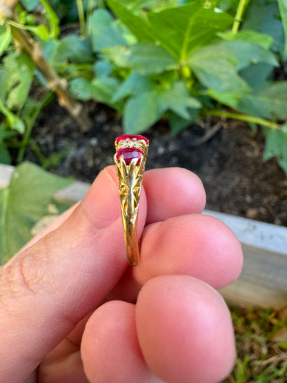 Vintage 18ct yellow gold ruby and old cut diamond ring