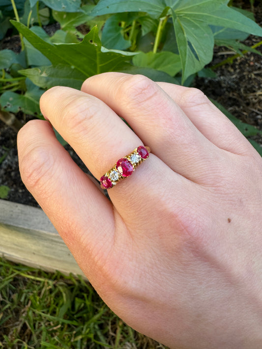 Vintage 18ct yellow gold ruby and old cut diamond ring
