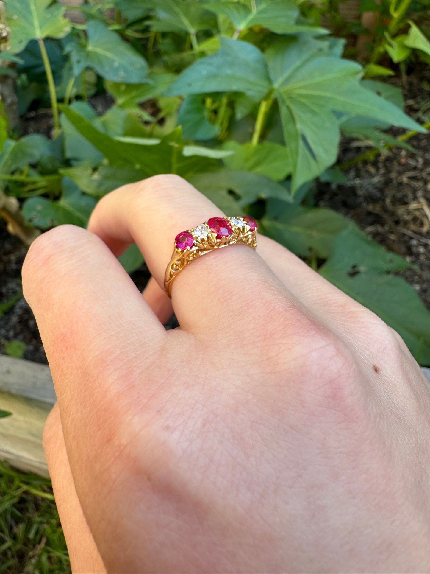 Vintage 18ct yellow gold ruby and old cut diamond ring