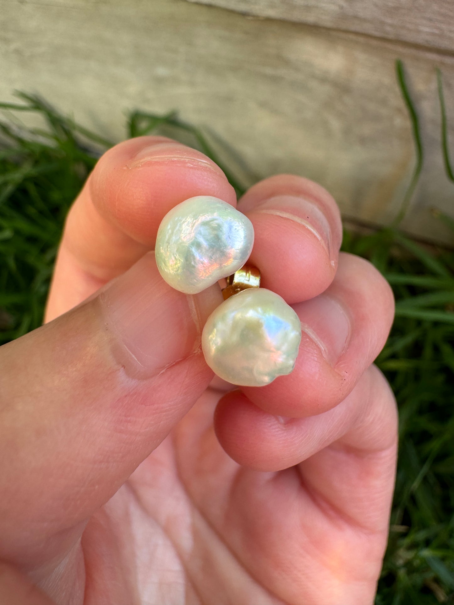 Vintage 14ct yellow gold baroque pearl stud earrings with 9ct butterfly backs