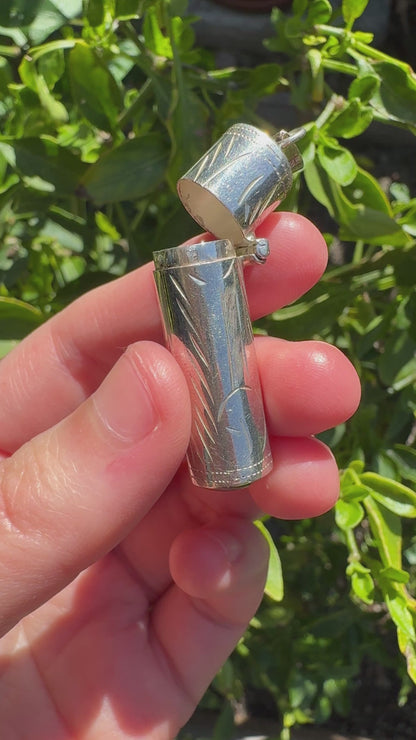 Vintage silver engraved cylinder vesta pendant