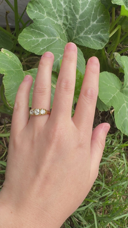 Antique 18ct yellow gold three stone 1.07ct TCW old mine cut diamond belcher ring