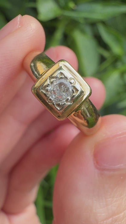 Vintage 9ct yellow gold 0.16ct cushion cut diamond gypsy ring