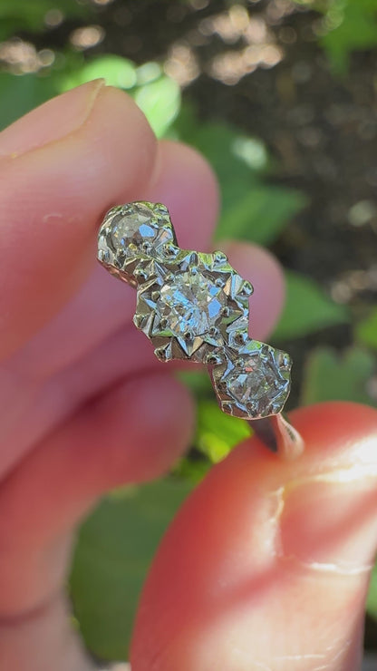Vintage 18ct white gold and platinum three stone 0.16ct TCW old mine cut and old European cut diamond ring