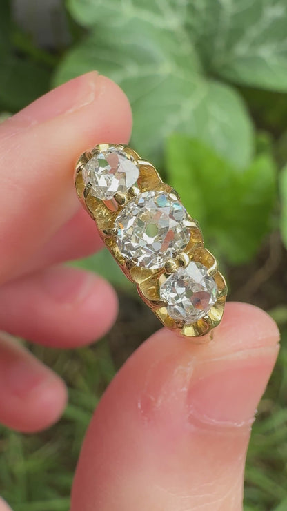 Antique 18ct yellow gold three stone 1.07ct TCW old mine cut diamond belcher ring