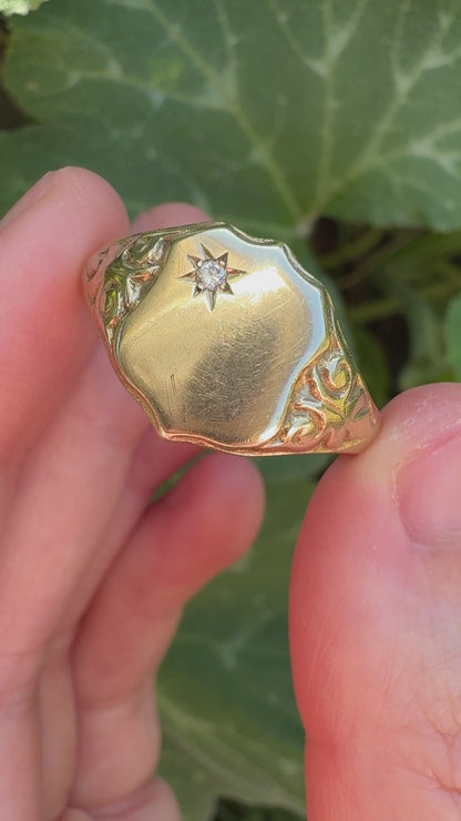 Vintage 9ct yellow gold round brilliant cut starset diamond shield signet ring