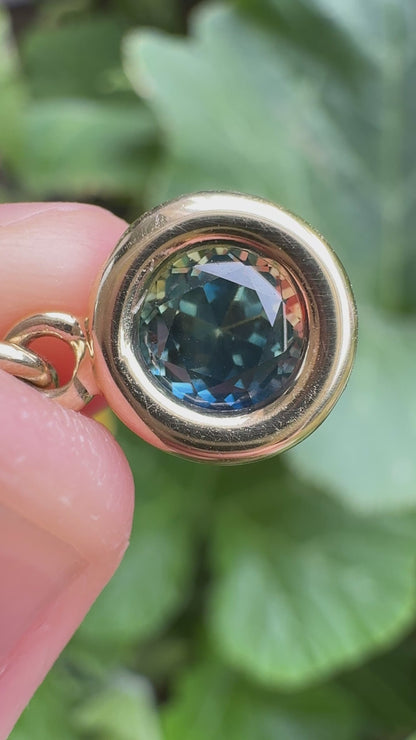 Custom handmade recycled 9ct yellow gold 1.03ct Australian parti sapphire bezel set pendant