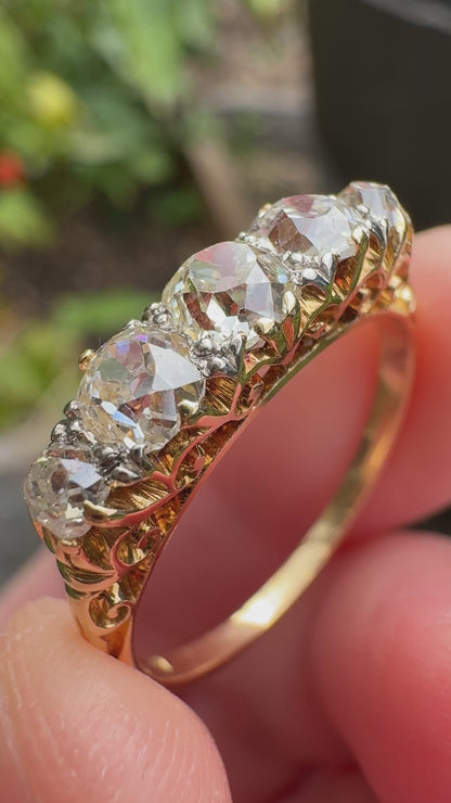 Antique 18ct gold old mine cut diamond five stone ring