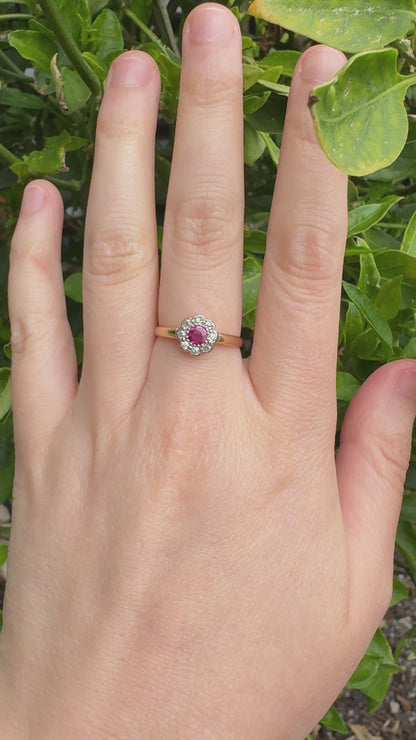 Vintage 18ct yellow gold 0.24ct natural ruby and 0.17ct TCW old single cut diamond daisy cluster ring