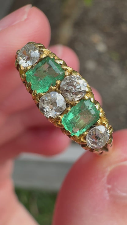 Antique Australian 18ct yellow gold 0.35ct TCW natural emerald and 0.4ct TCW old mine cut diamond ring