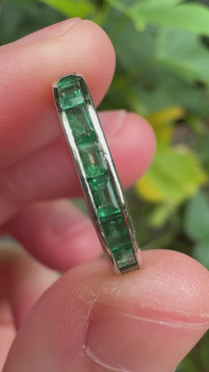 Antique platinum 1.02ct TCW natural emerald engraved eternity ring
